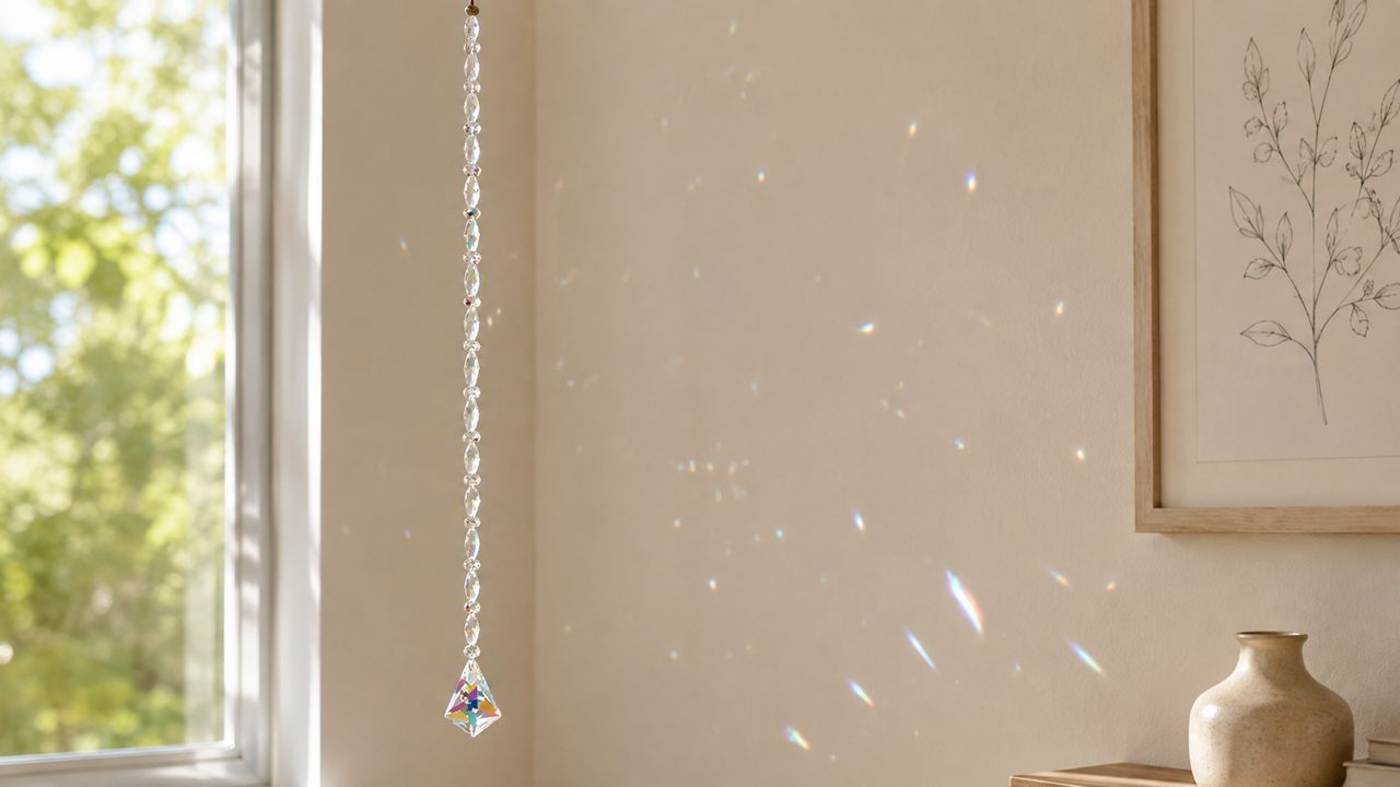 Handgemaakte suncatcher in een zonnig raam, regenbogen over de muur en door de kamer